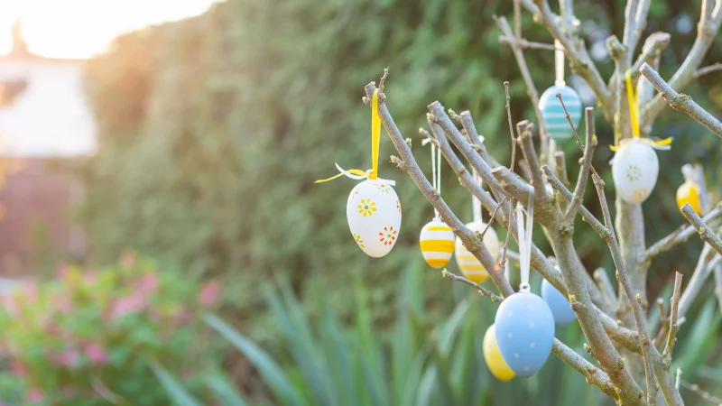 Easter wallpaper with colorful Easter eggs on the bush