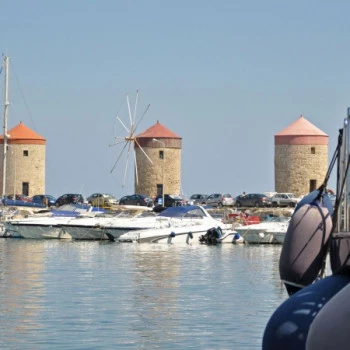 Windmills at Mandraki Harbor in Rhodes